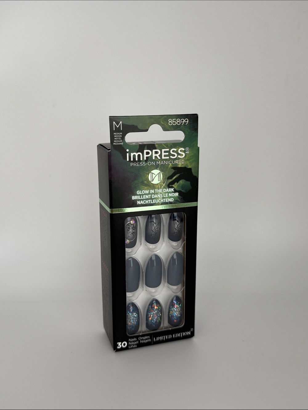 imPRESS Glow-In-The-Dark Press-On Gray with Multicolor Glitter BNIB HALLOWEEN